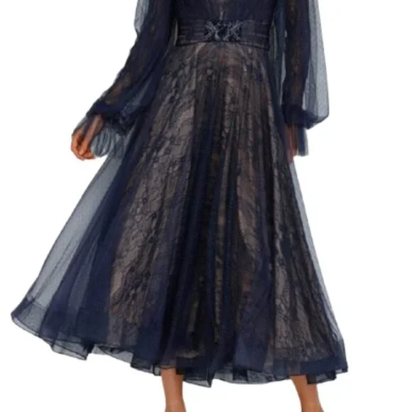 NWT Terani Couture 231C0224 Tea Length Cocktail Dress Navy/Nude Size 10 - Picture 2 of 6